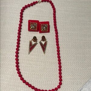 Elegant Red Beaded Necklace with two pairs of matching earrings